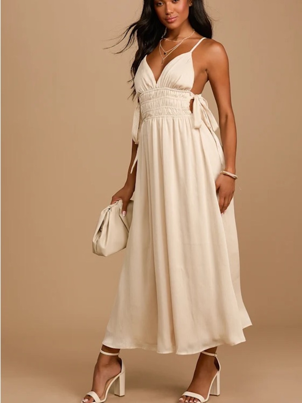 Lulus Sunny Season Side Tie Midi Dress | Cream | Small